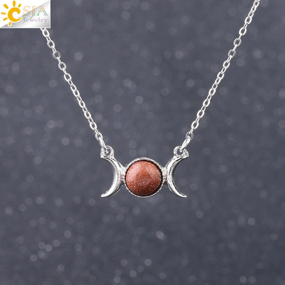 Retro Minimalist Crescent Moon And Sun Pendant Clavicle Necklace With Natural Stone And Electroplated Alloy For Women
