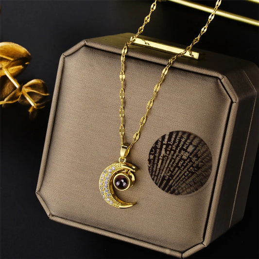 Retro Moon Stainless Steel Inlay Zircon Pendant Necklace
