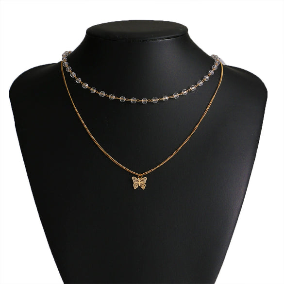 Retro Multi Layer Butterfly Geometric Pearl Diamond Necklace Set For Women Made Of Crystal And Alloy