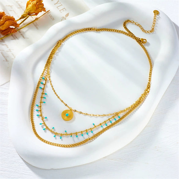 Retro Multi Layer Stacked Round Pendant Metal Jewelry Titanium Steel Necklace With Electroplating For Women