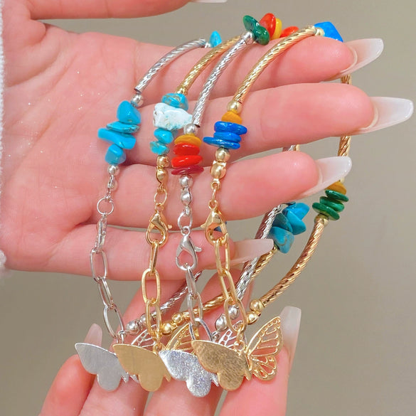Retro Natural Stone Crystal Imitation Pearl Stacked Women's Dopamine Colorful Gravel Butterfly Pendant Alloy Bracelet With Diamond Treatment