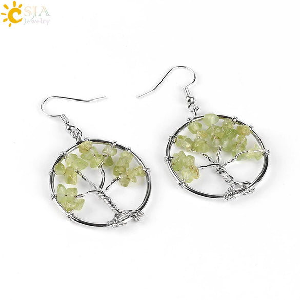 Retro Natural Stone Gravel Tree Of Life Winding Copper Earrings For Women Colorful Half Stone Jewelry