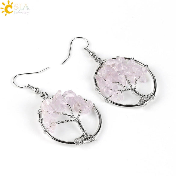 Retro Natural Stone Gravel Tree Of Life Winding Copper Earrings For Women Colorful Half Stone Jewelry