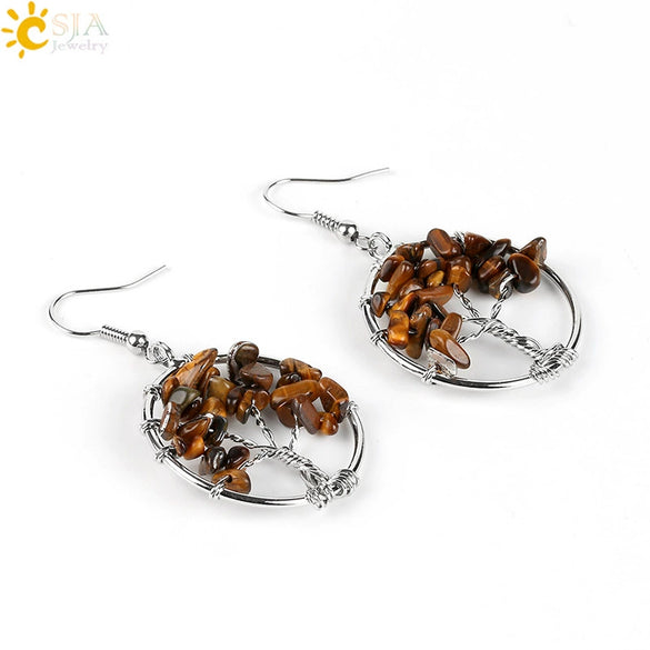 Retro Natural Stone Gravel Tree Of Life Winding Copper Earrings For Women Colorful Half Stone Jewelry
