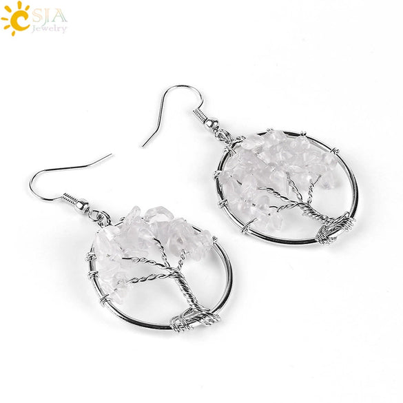 Retro Natural Stone Gravel Tree Of Life Winding Copper Earrings For Women Colorful Half Stone Jewelry