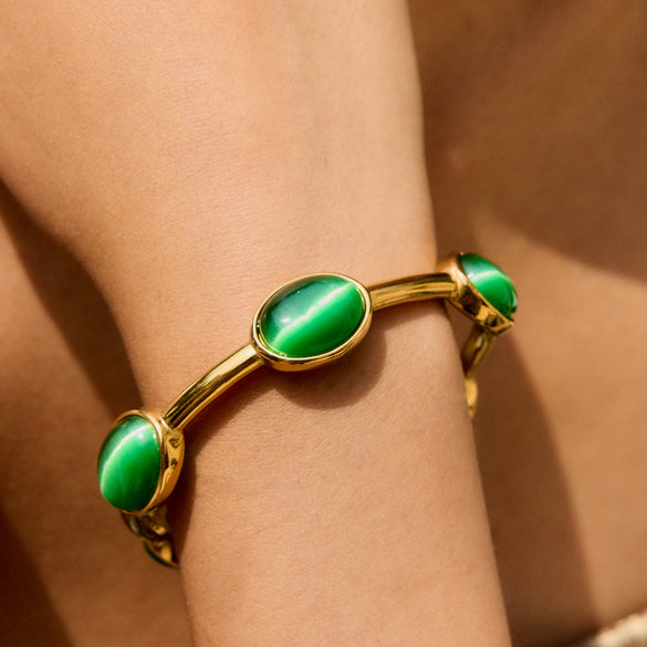 Retro Natural Stone Stainless Steel Open Bracelet With Geometric Style And Electroplating For Women