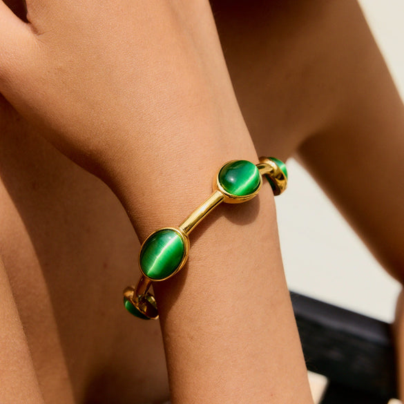 Retro Natural Stone Stainless Steel Open Bracelet With Geometric Style And Electroplating For Women