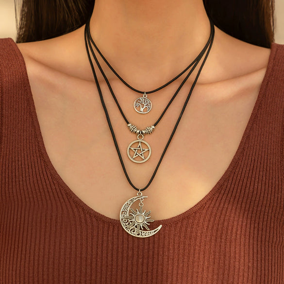 Retro Necklace Alloy Pendant With Blue Eyes Irregular Stone And Star Moon Geometric Heart Shape Electroplated Cross Chain For Women
