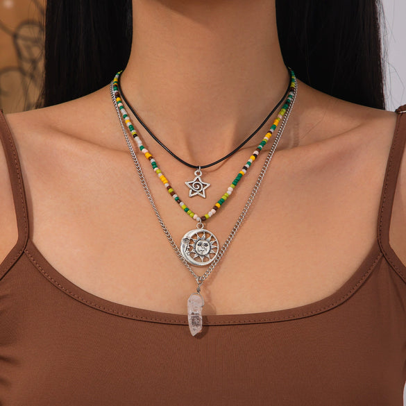 Retro Necklace Alloy Pendant With Blue Eyes Irregular Stone And Star Moon Geometric Heart Shape Electroplated Cross Chain For Women