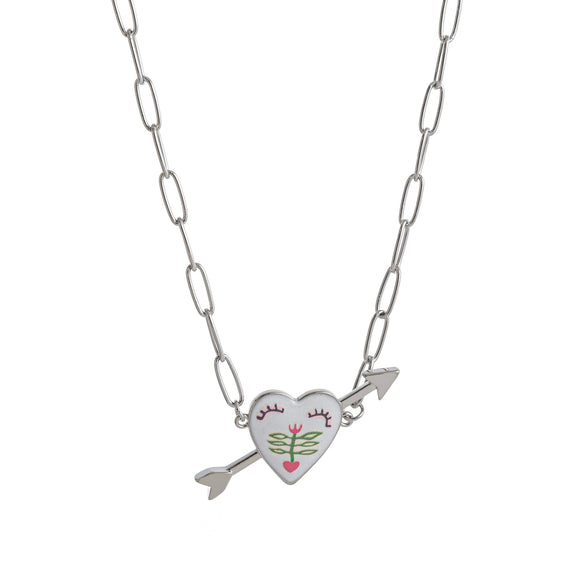 Retro Necklace Copper Heart Shape One Arrow Through The Heart Pattern Paper Clip Chain Electroplating