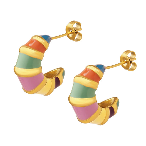 Retro Neutral Wind Cool Color Striped Enamel Oil Drop Titanium Steel Geometric Earrings With Electroplating