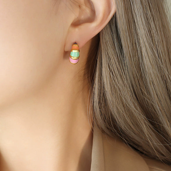 Retro Neutral Wind Cool Color Striped Enamel Oil Drop Titanium Steel Geometric Earrings With Electroplating