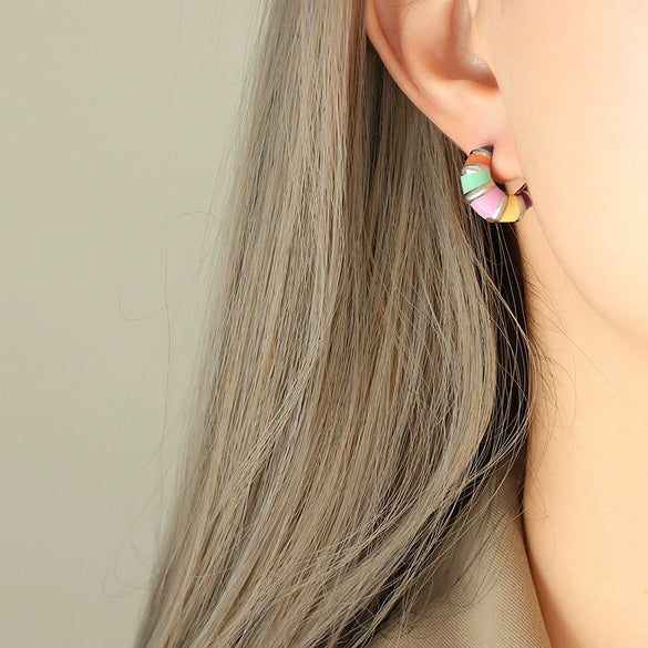 Retro Neutral Wind Cool Color Striped Enamel Oil Drop Titanium Steel Geometric Earrings With Electroplating