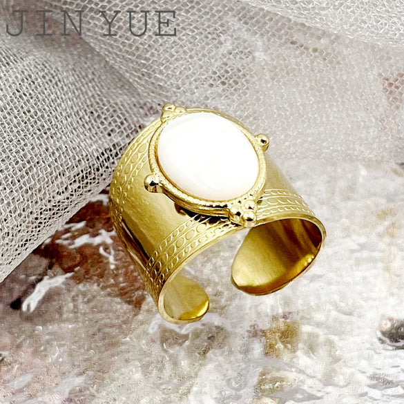 Retro Niche Open Design Oval Fritillaria Stainless Steel Electroplated Embossed Ring