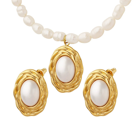 Retro Nonfading Pearl Chain Goldplated Embossed Round Imitation Pearl Necklace Bracelet Jewelry Suit For Women Made Of Titanium Steel With Electroplating Treatment