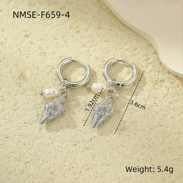 Retro Ocean Style Stainless Steel Earrings With Pearl Conch Pendant And Electroplating Treatment For Women