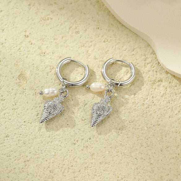 Retro Ocean Style Stainless Steel Earrings With Pearl Conch Pendant And Electroplating Treatment For Women