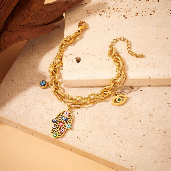 Retro Oil Dripping Palm Eye Pendant Bracelet Stainless Steel Goldplated Electroplated For Women And Unisex