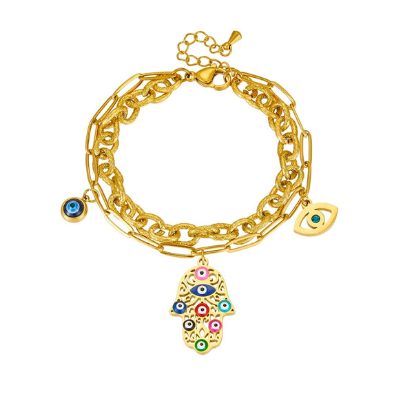 Retro Oil Dripping Palm Eye Pendant Bracelet Stainless Steel Goldplated Electroplated For Women And Unisex