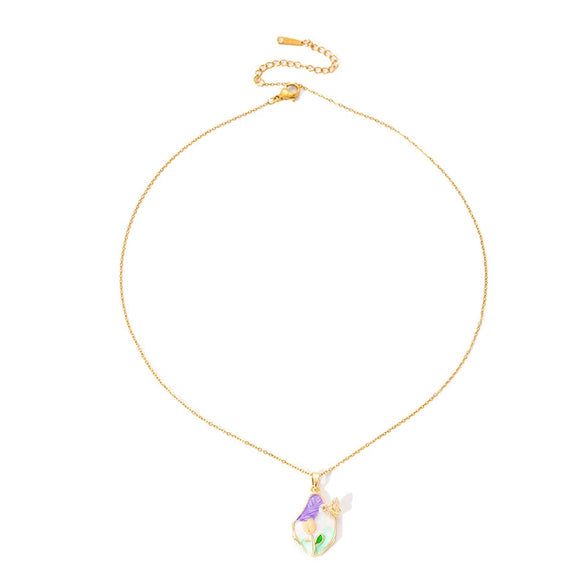 Retro Oil Painting Style Flower Butterfly Titanium Steel Necklace With Electroplating For Women