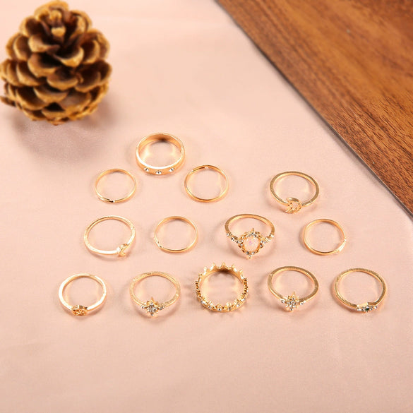 Retro Opal Crown Diamond Explosion Star Moon Joint Ring Jewelry Alloy Geometric Electroplated For Women