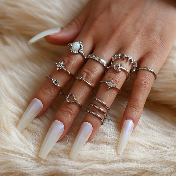 Retro Opal Crown Diamond Explosion Star Moon Joint Ring Jewelry Alloy Geometric Electroplated For Women