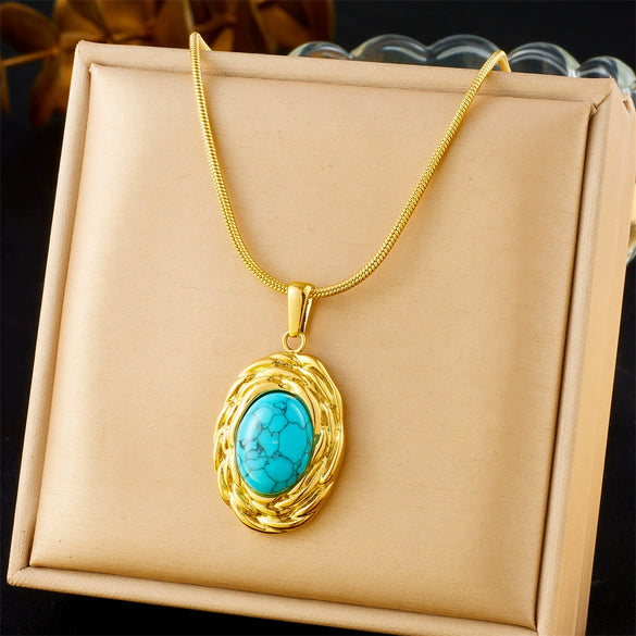 Retro Oval Blue Turquoise Geometric Pendant Snake Bone Chain Stainless Steel Gold Plated Necklace For Women