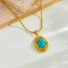 Retro Oval Blue Turquoise Geometric Pendant Snake Bone Chain Stainless Steel Gold Plated Necklace For Women