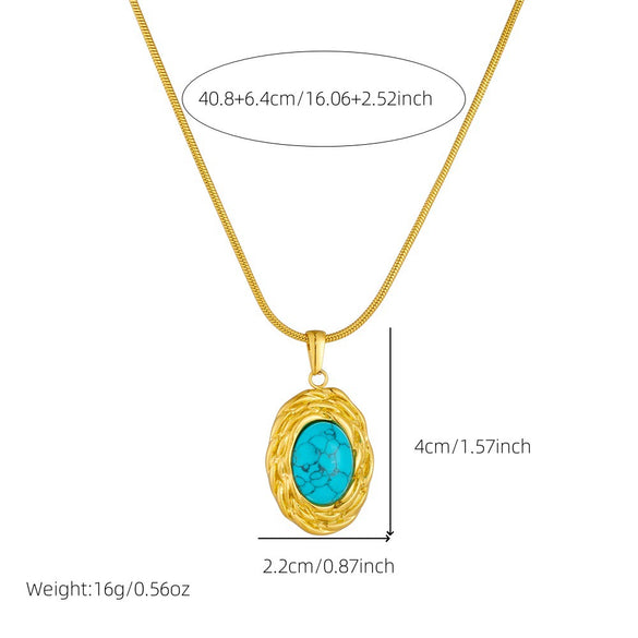 Retro Oval Blue Turquoise Geometric Pendant Snake Bone Chain Stainless Steel Gold Plated Necklace For Women
