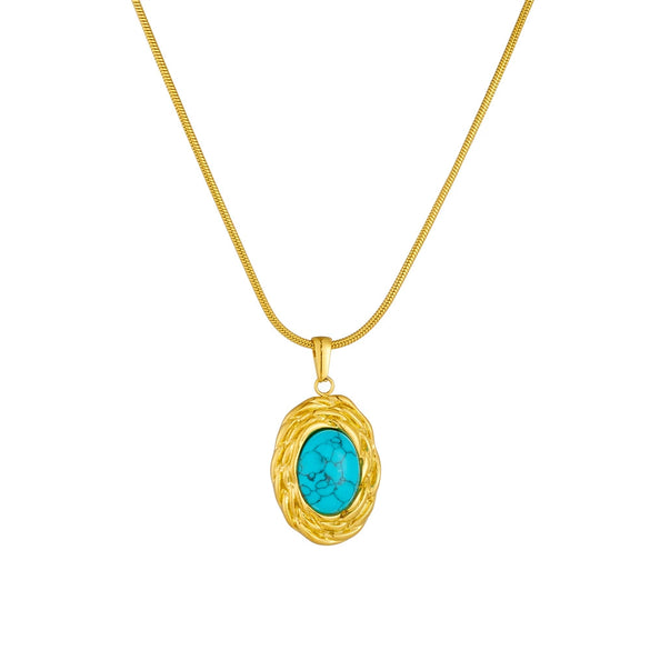 Retro Oval Blue Turquoise Geometric Pendant Snake Bone Chain Stainless Steel Gold Plated Necklace For Women