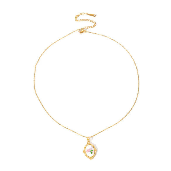 Retro Oval Flower Enamel Pearl Necklace For Women Copper Pendant With Electroplating And Titanium Steel Chain