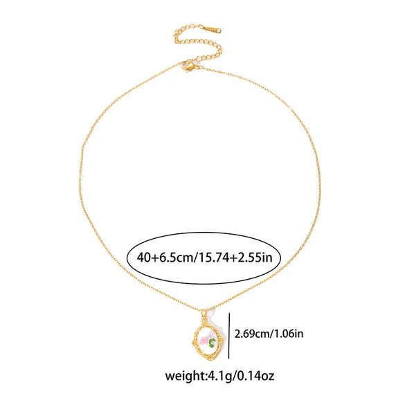 Retro Oval Flower Enamel Pearl Necklace For Women Copper Pendant With Electroplating And Titanium Steel Chain