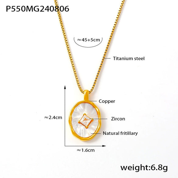 Retro Oval Fritillaria Set Zircon Titanium Steel Pendant And Clavicle Chain Plated With 18K True Gold In Geometric Pattern For Women