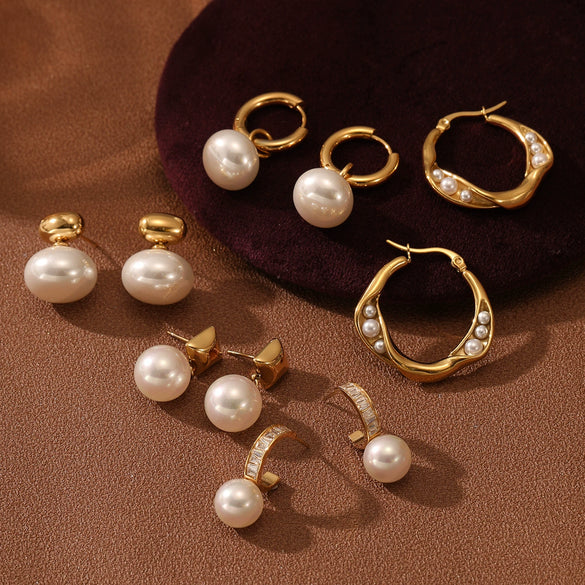 Retro Oval Pearl Stainless Steel Earrings For Women With 18K Electroplating