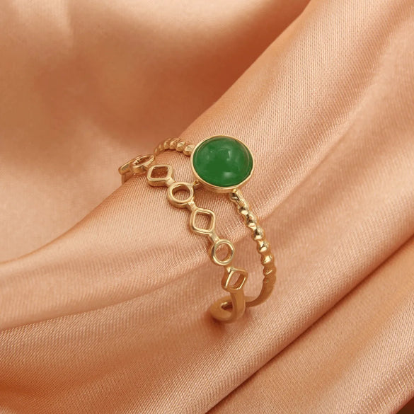 Retro Oval Rhombus Stainless Steel Gold Plated Natural Stone Open Ring In Bulk