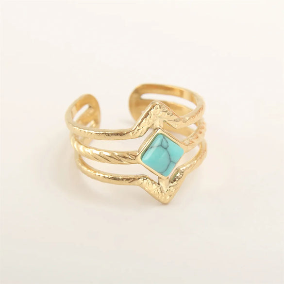 Retro Oval Rhombus Stainless Steel Gold Plated Natural Stone Open Ring In Bulk