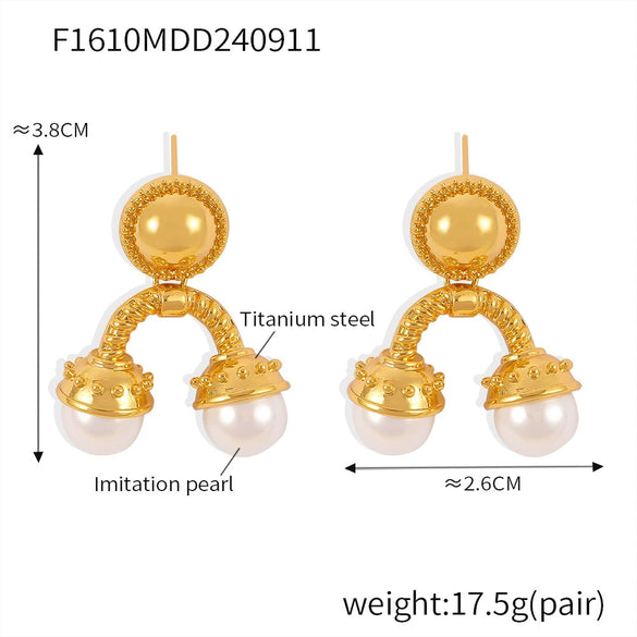 Retro Palace Style Geometric Upside Down U Shaped Imitation Pearl Titanium Steel Earrings With Electroplating
