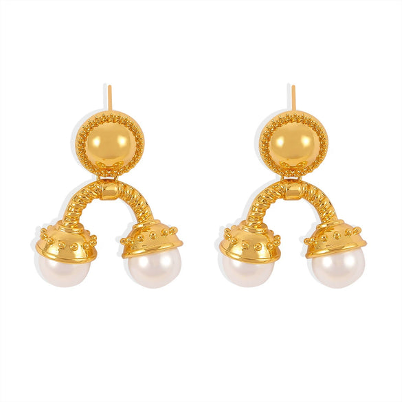 Retro Palace Style Geometric Upside Down U Shaped Imitation Pearl Titanium Steel Earrings With Electroplating