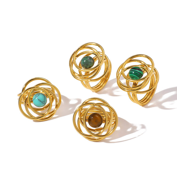 Retro Palace Style Niche Inlaid Natural Tiger's Eye Stone Hollow Unique Geometric Stainless Steel Ring With 18K Furnace Vacuum Plating