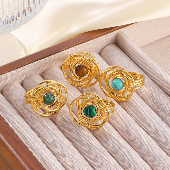 Retro Palace Style Niche Inlaid Natural Tiger's Eye Stone Hollow Unique Geometric Stainless Steel Ring With 18K Furnace Vacuum Plating