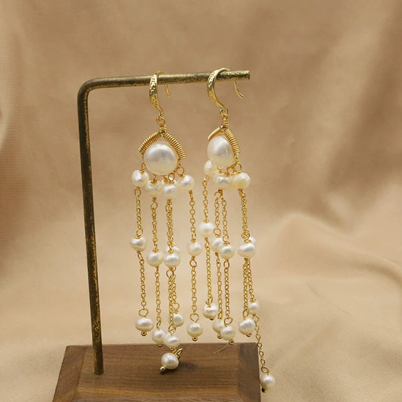 Retro Pearl Tassel Earrings For Women Geometric Court Style Electroplated High Quality Ear Jewelry