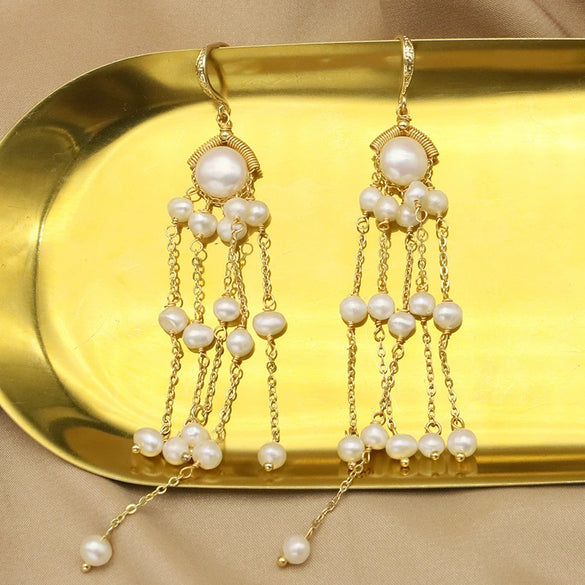 Retro Pearl Tassel Earrings For Women Geometric Court Style Electroplated High Quality Ear Jewelry
