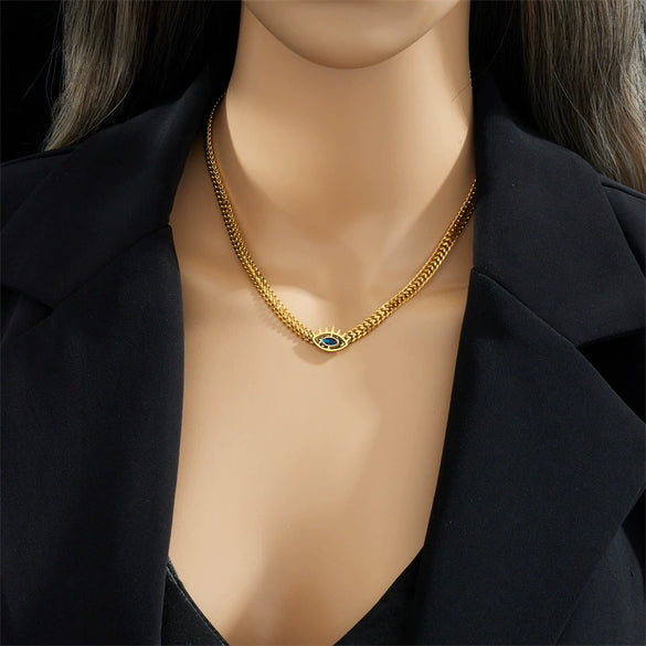 Retro Personality Hollow Pendant Necklace With Blue Eyes Geometric Pattern Titanium Steel Thick Chain Electroplated