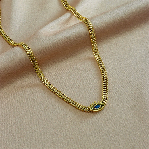 Retro Personality Hollow Pendant Necklace With Blue Eyes Geometric Pattern Titanium Steel Thick Chain Electroplated