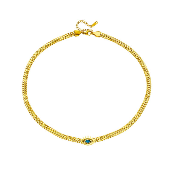 Retro Personality Hollow Pendant Necklace With Blue Eyes Geometric Pattern Titanium Steel Thick Chain Electroplated
