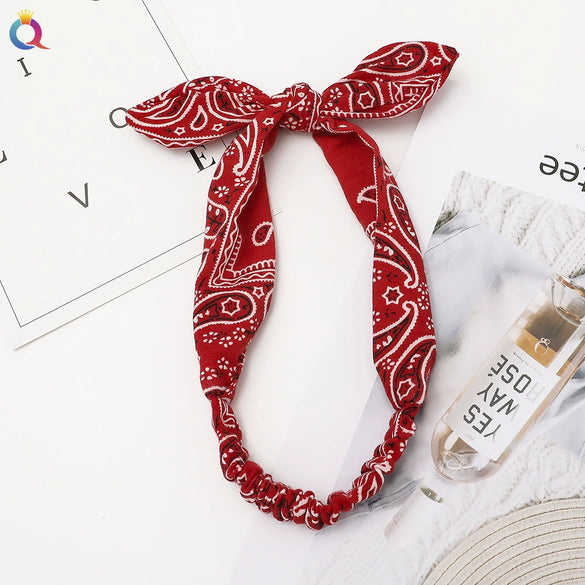 Retro Plaid Cloth Rabbit Ear Knot Headband With Steel Wire Support Handmade Elastic Hair Accessory For Women