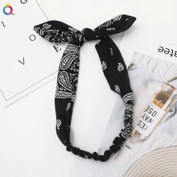 Retro Plaid Cloth Rabbit Ear Knot Headband With Steel Wire Support Handmade Elastic Hair Accessory For Women