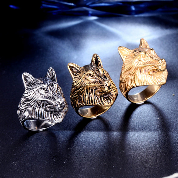Retro Polished Titanium Steel Wolf Head Ring For Men And Women Uninlaid Stainless Steel Statement Jewelry