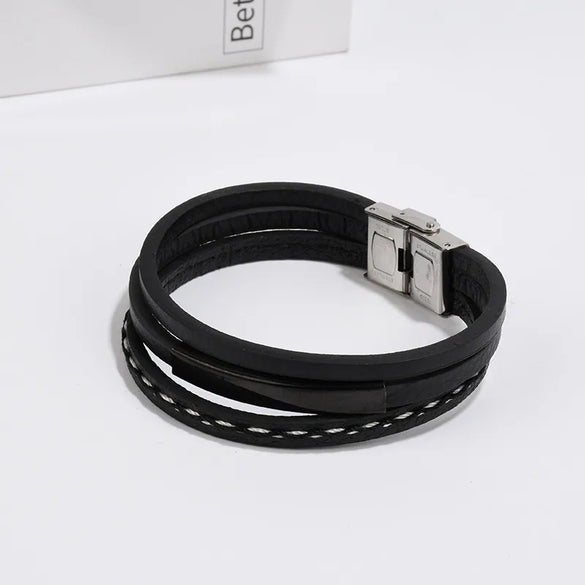 Retro Punk Geometric 201 Stainless Steel Pu Leather Unisex Wristband Men Cord & Leather Bracelets
