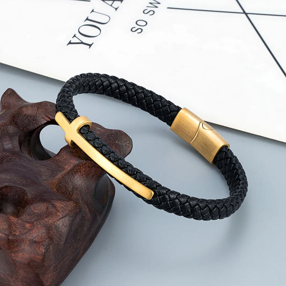 Retro Punk Geometric 316L Stainless Steel  Leather Men'S Wristband Men Cord & Leather Bracelets